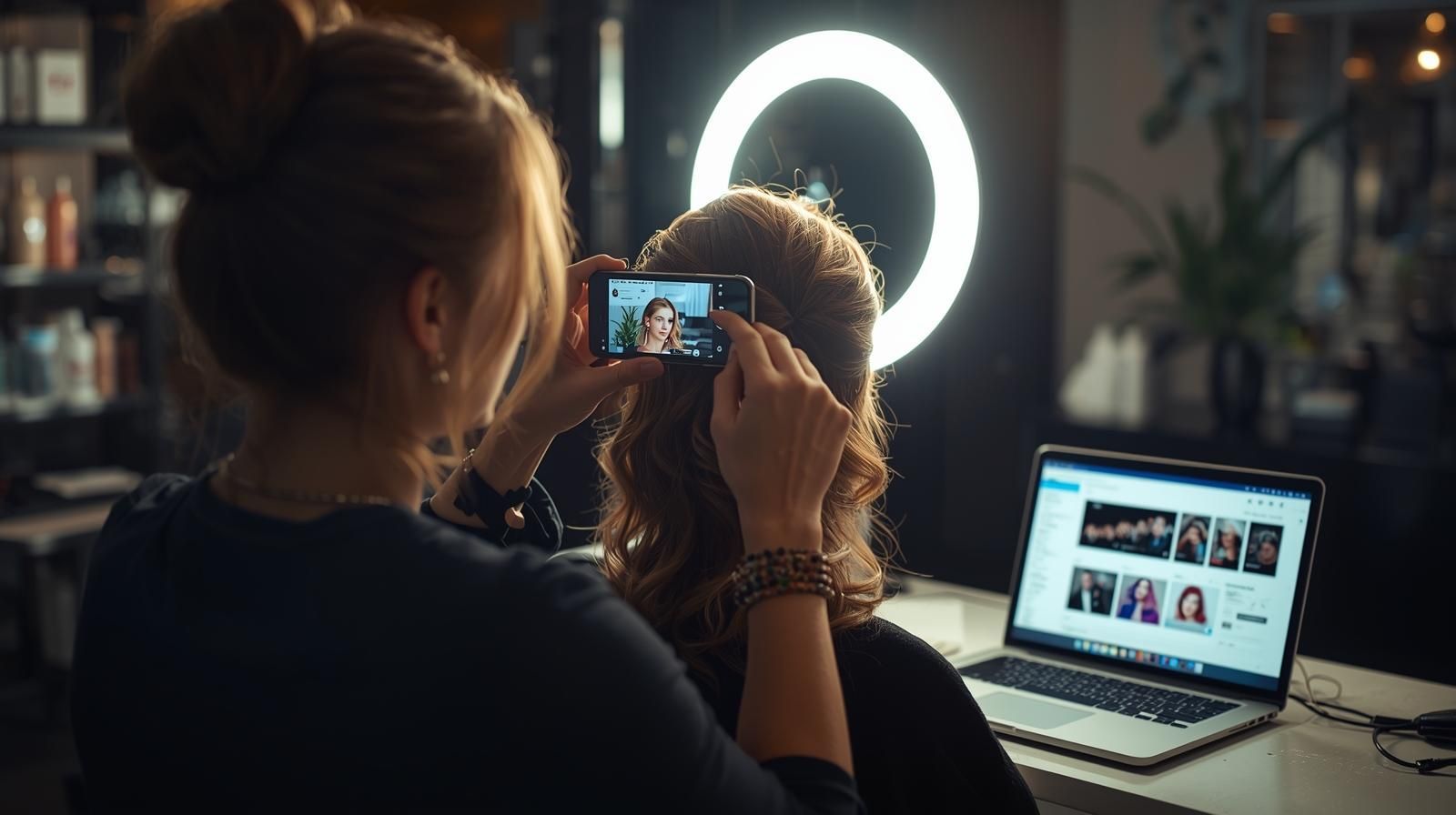 Woman takes a photo of another woman's hair with a phone, illuminated by a ring light, laptop visible.