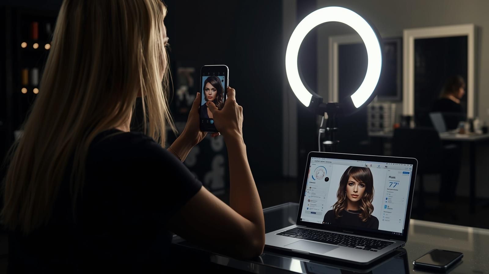 Woman holding phone, taking photo of laptop screen displaying a hair style, lit by ring light in a salon.