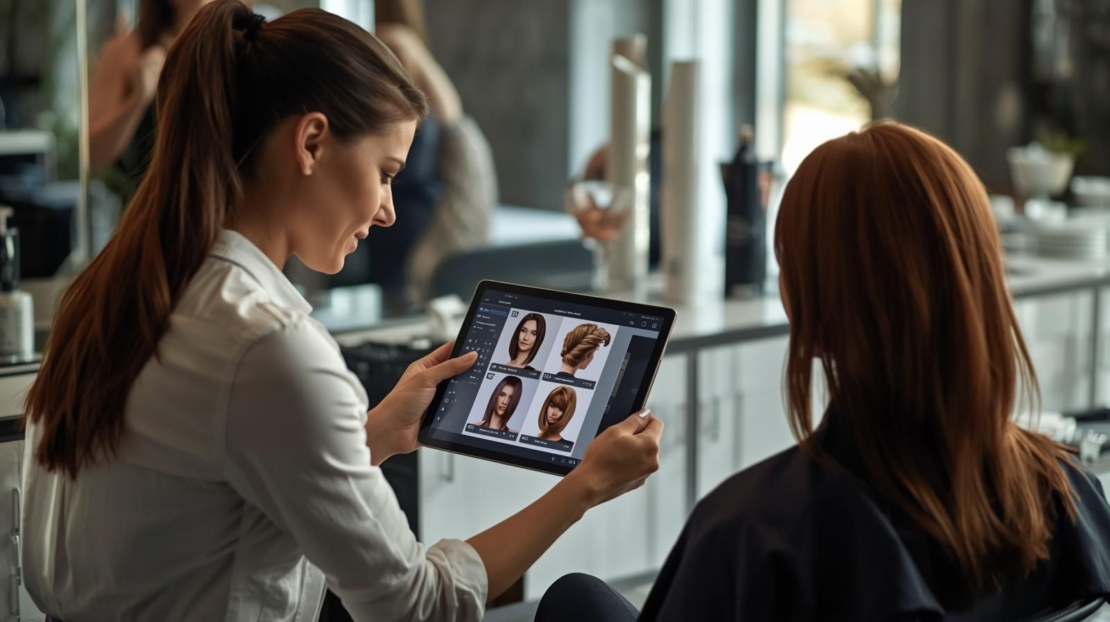 Hair stylist shows client different hairstyles on a tablet in a salon.