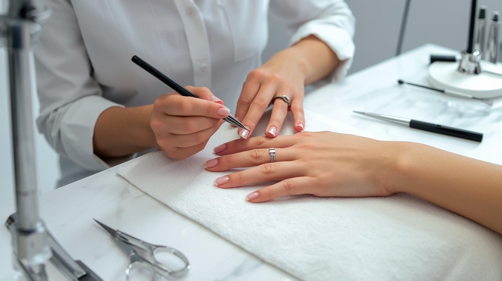 A person's hand receiving a manicure; a manicurist applies polish with a brush.