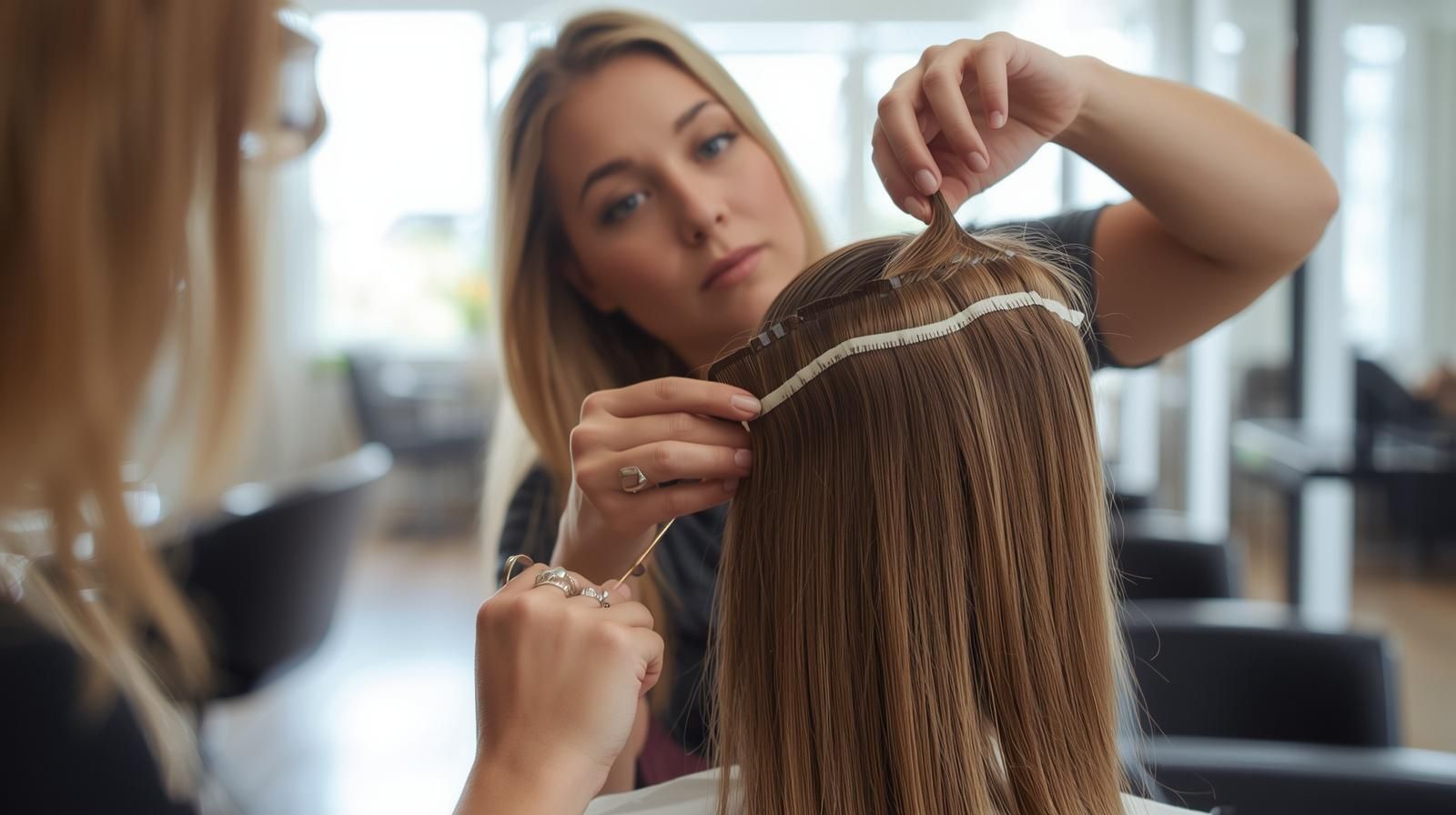 Woman styling another woman’s hair in a salon; adding extensions along a part line.