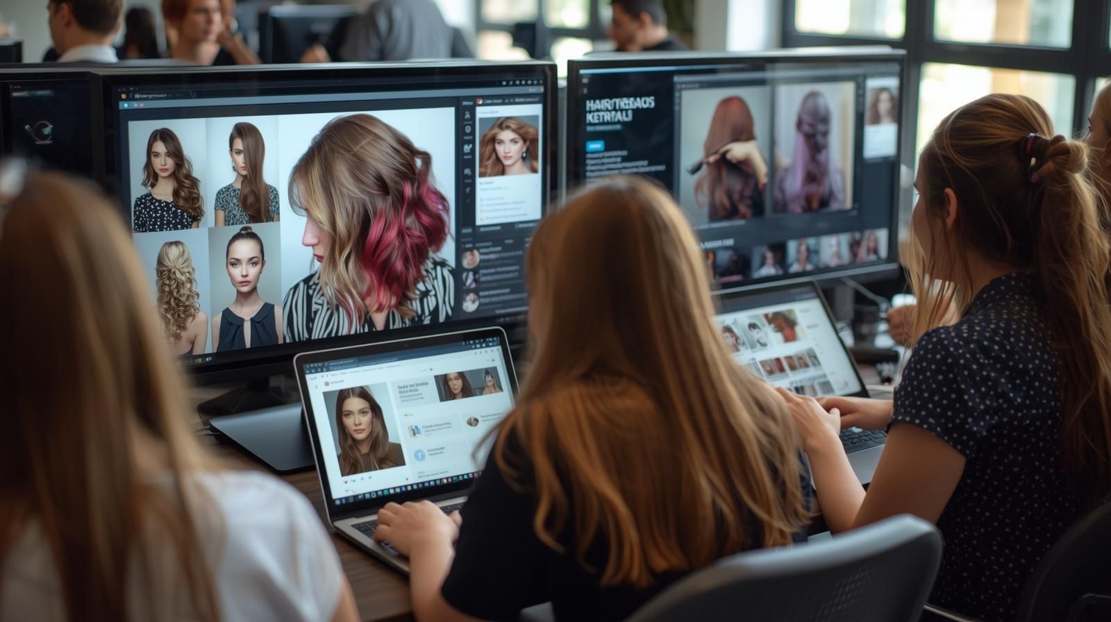 People looking at hairstyles on computer screens in an office setting.