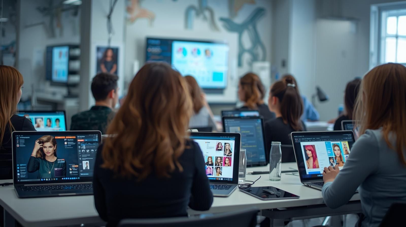 People working on laptops at a workshop; classroom setting with monitors, photos, and a large screen.