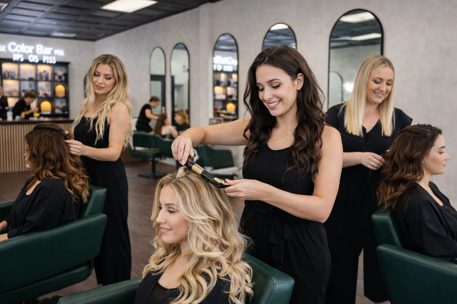 Stylists in black outfits style hair for clients in green chairs inside a bright, modern salon.