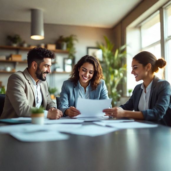 Three business people in suits review documents around a table, smiling in an office.