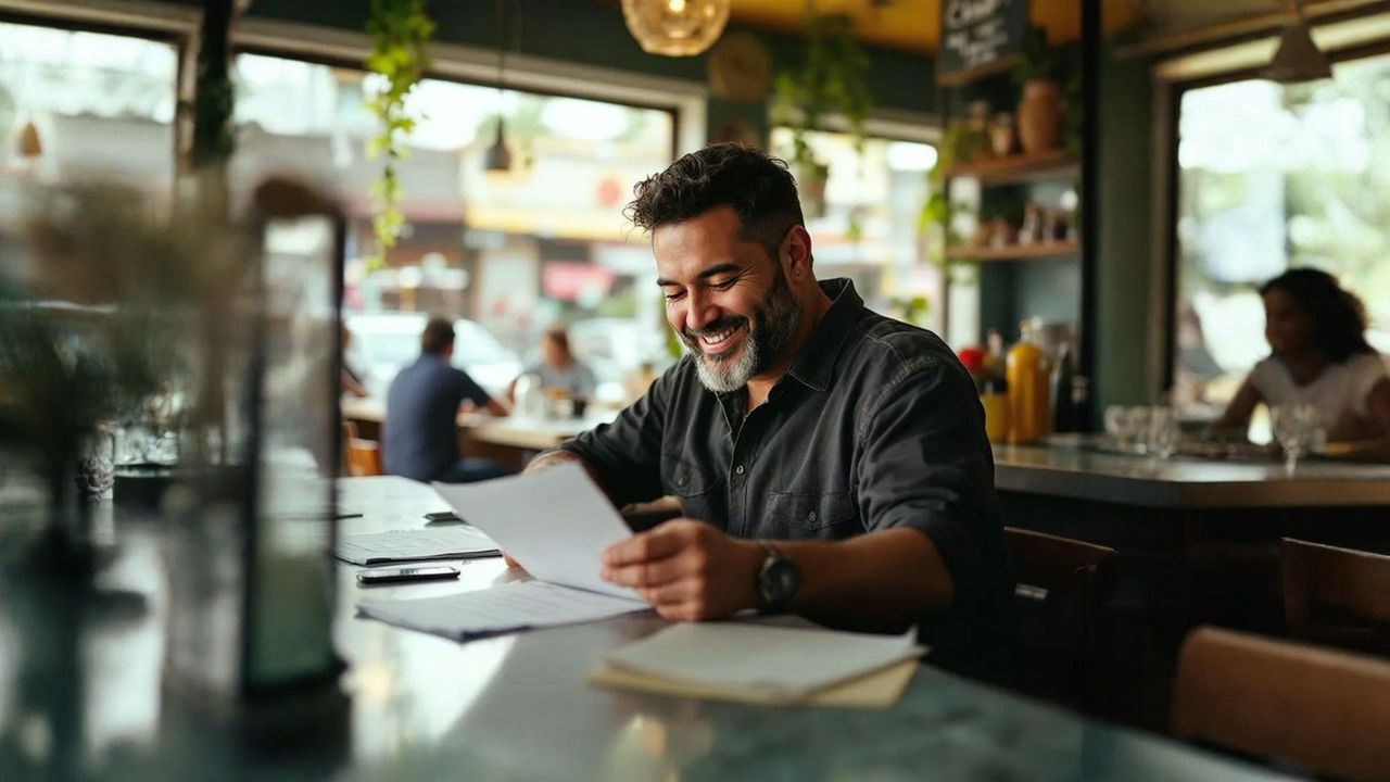 Man with gray beard smiles while reviewing papers at a cafe.