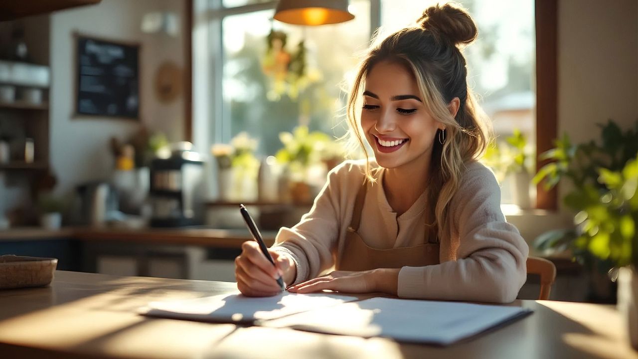 Woman with hair in a bun, smiling while writing at a table near a sunny window.