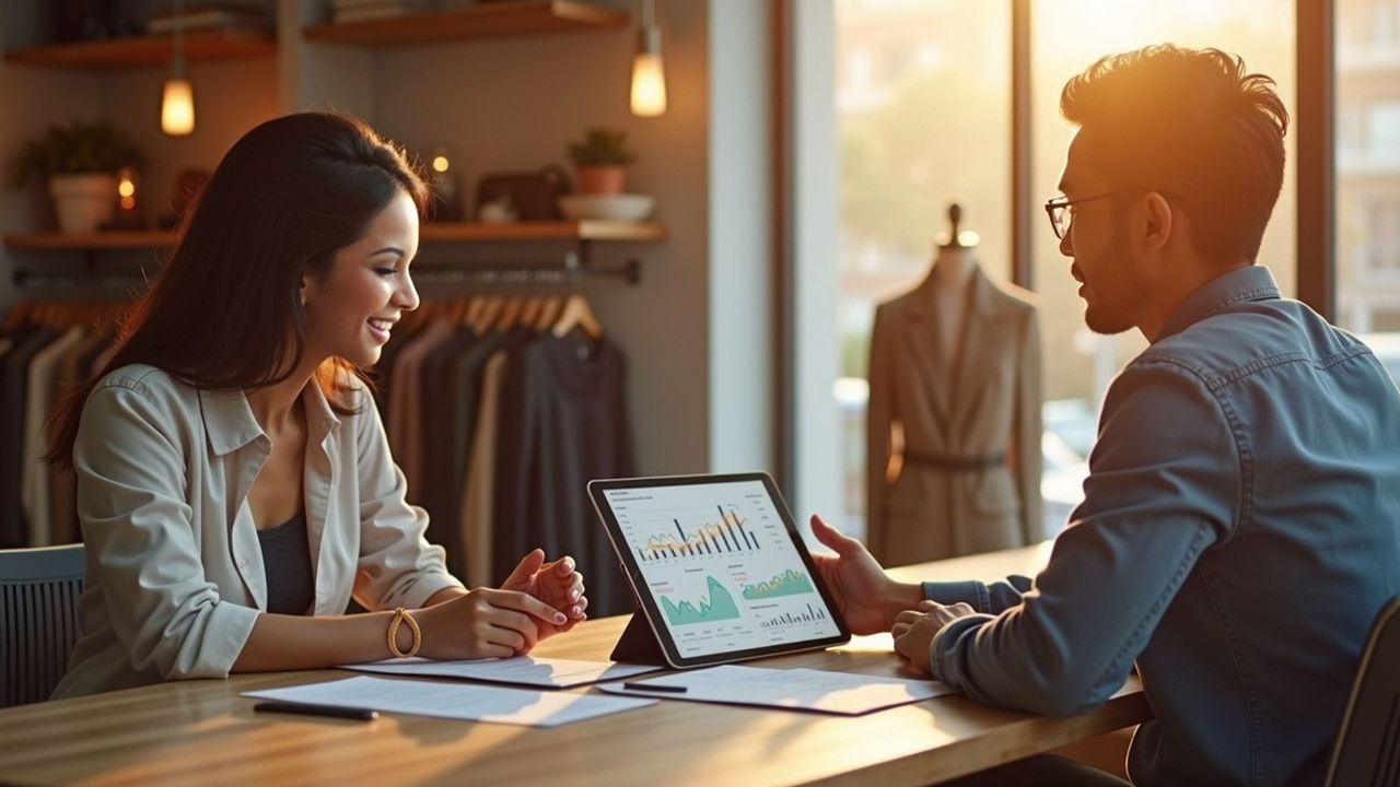 Woman and man reviewing a tablet with graphs at a table in a boutique; smiling, natural light.