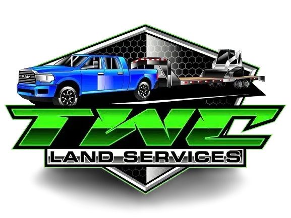 Blue truck towing equipment, TWC Land Services logo in green and black.