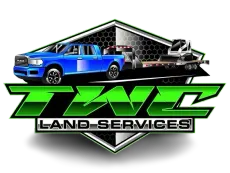 Blue truck towing equipment, TWC Land Services logo in green and black.