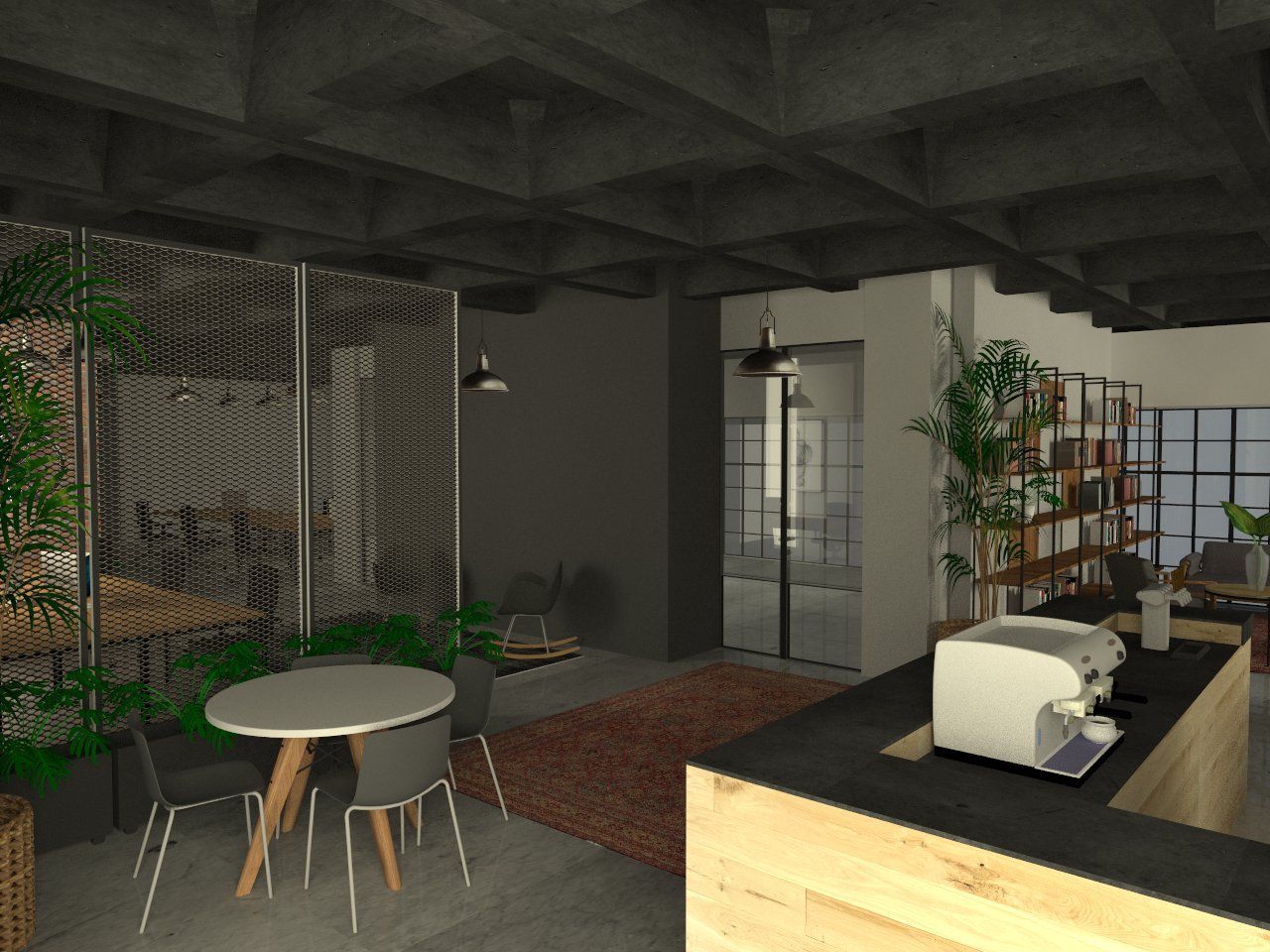 A room with a table and chairs and a microwave