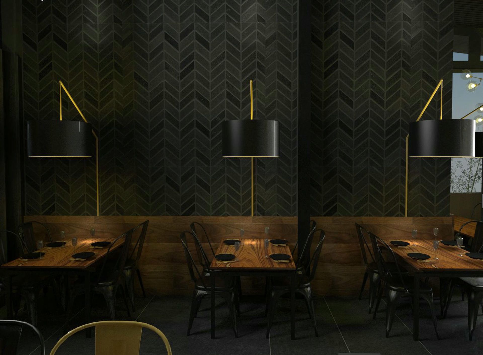 A restaurant with tables and chairs and a black wall