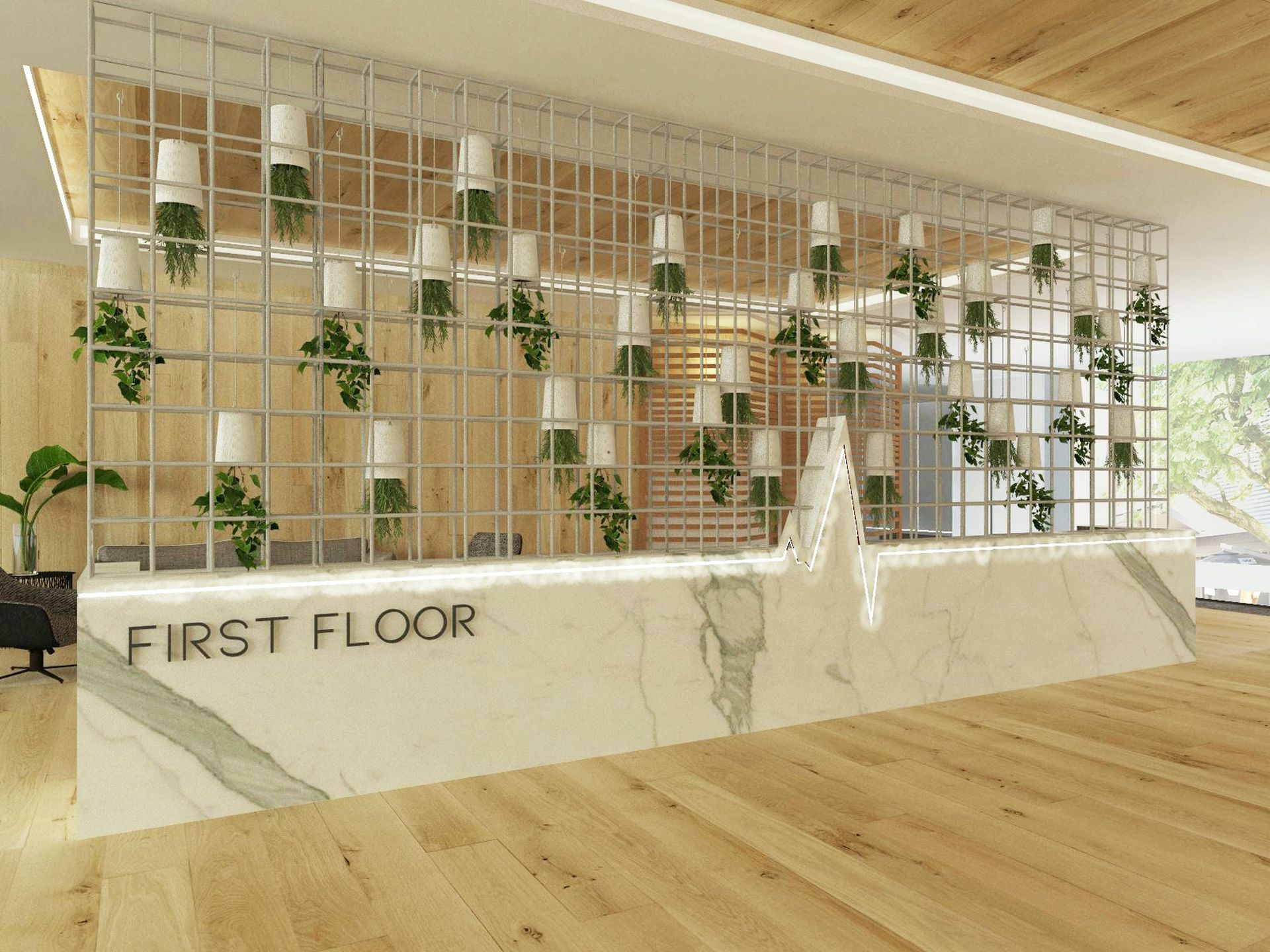 A 3d rendering of a lobby with a marble counter and a wooden floor.