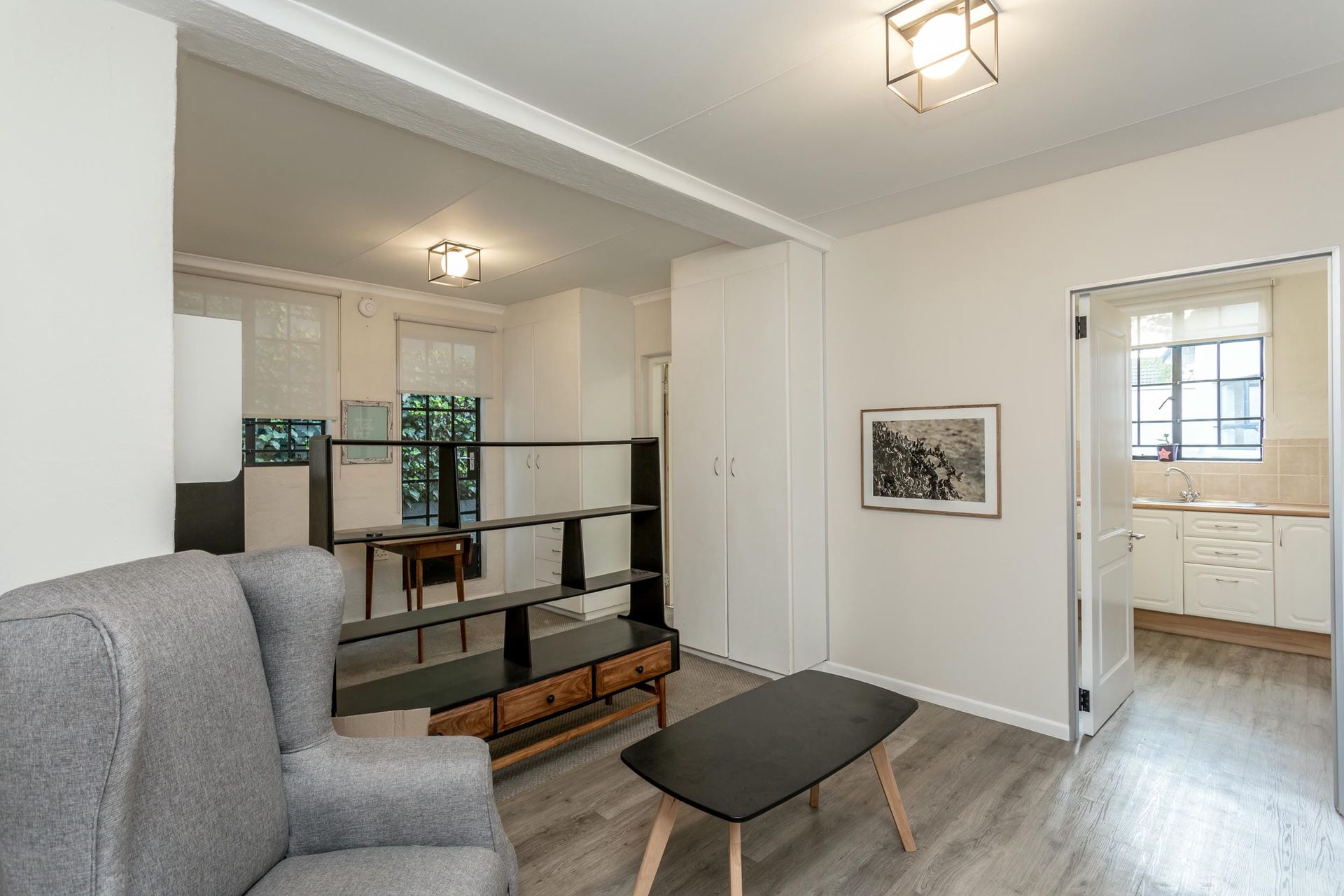 A living room with a couch and a coffee table.