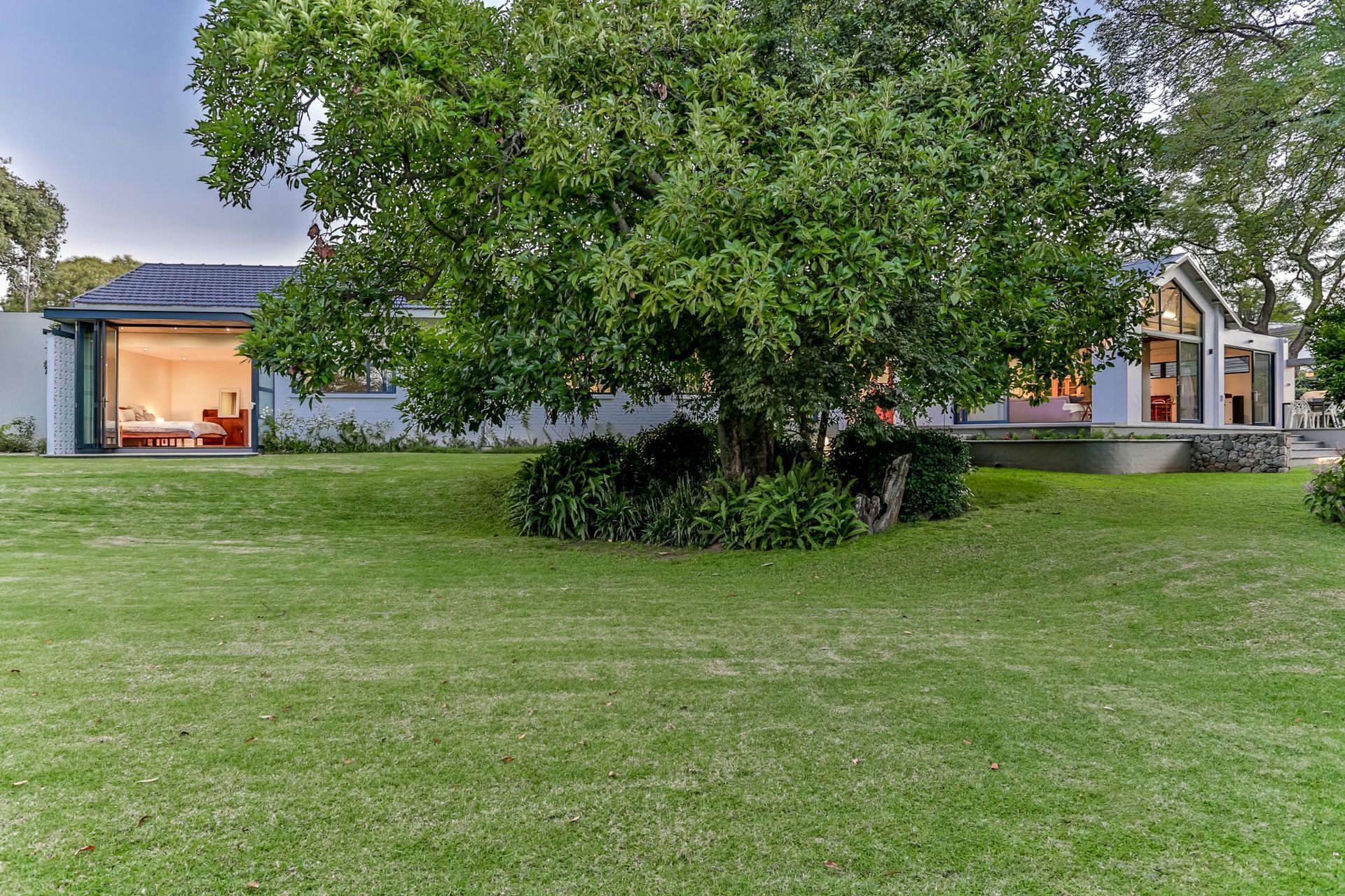 A house with a large tree in front of it