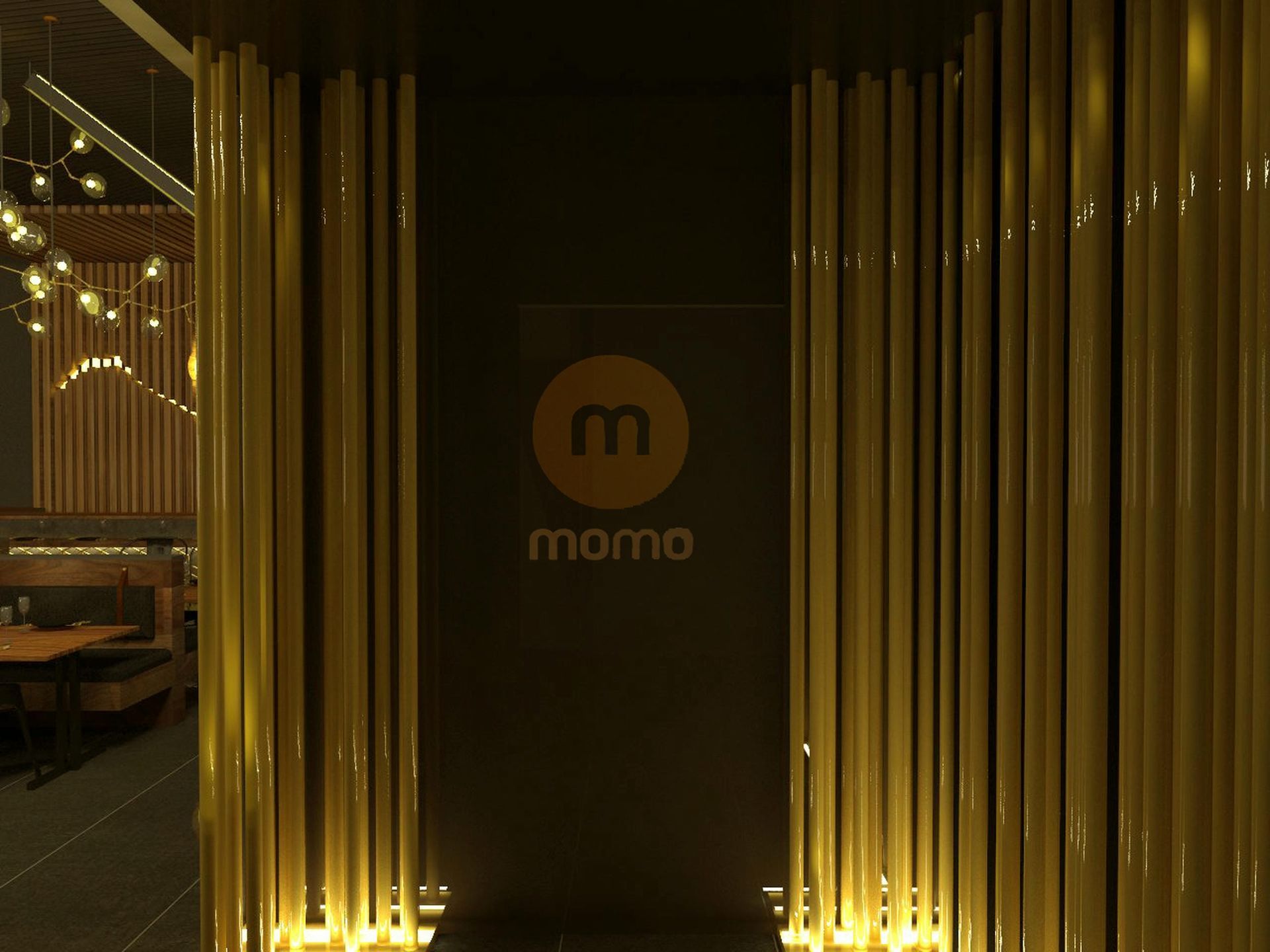 A restaurant with a sign that says momo on it