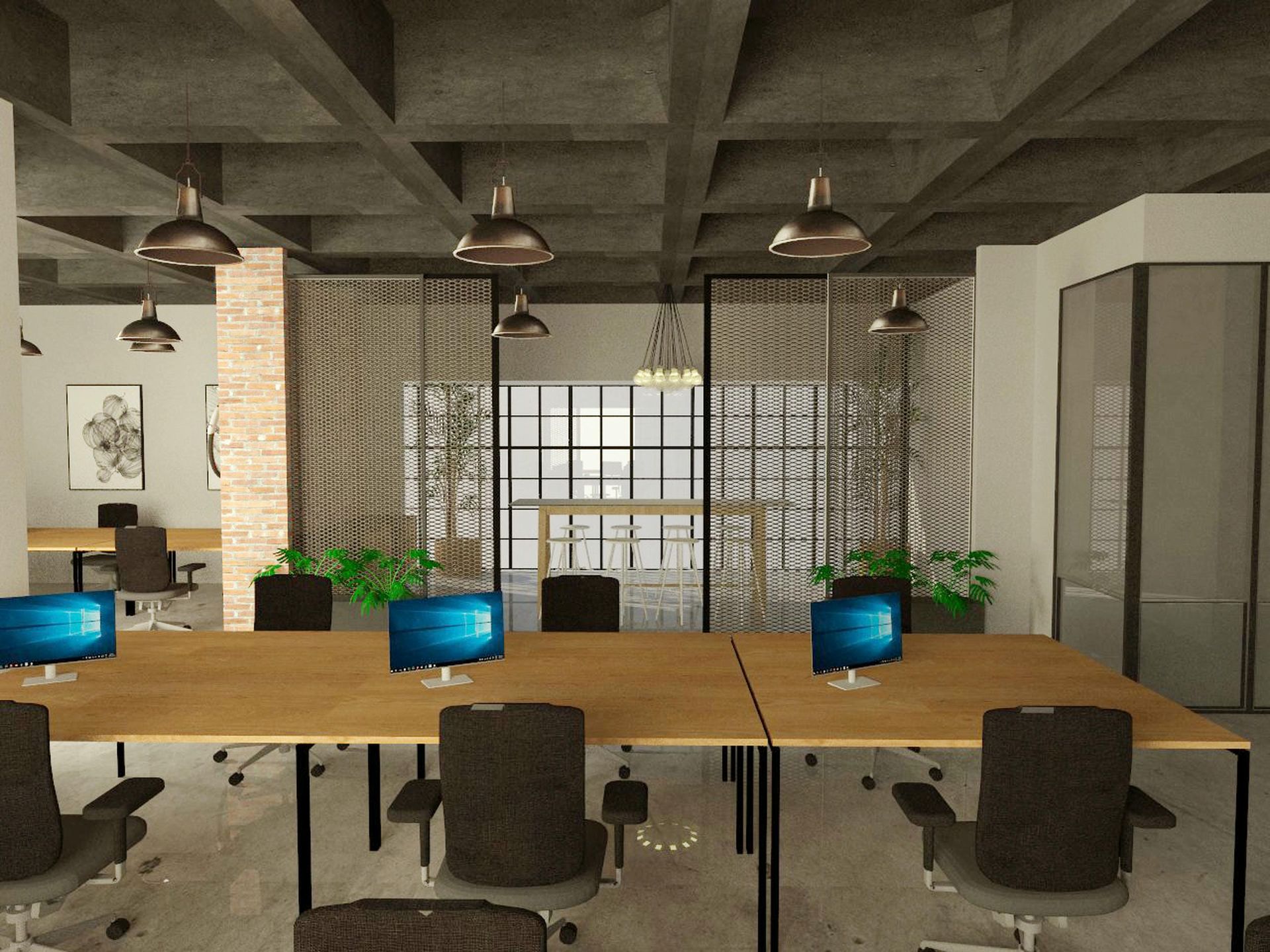 A computer generated image of an office with tables and chairs.