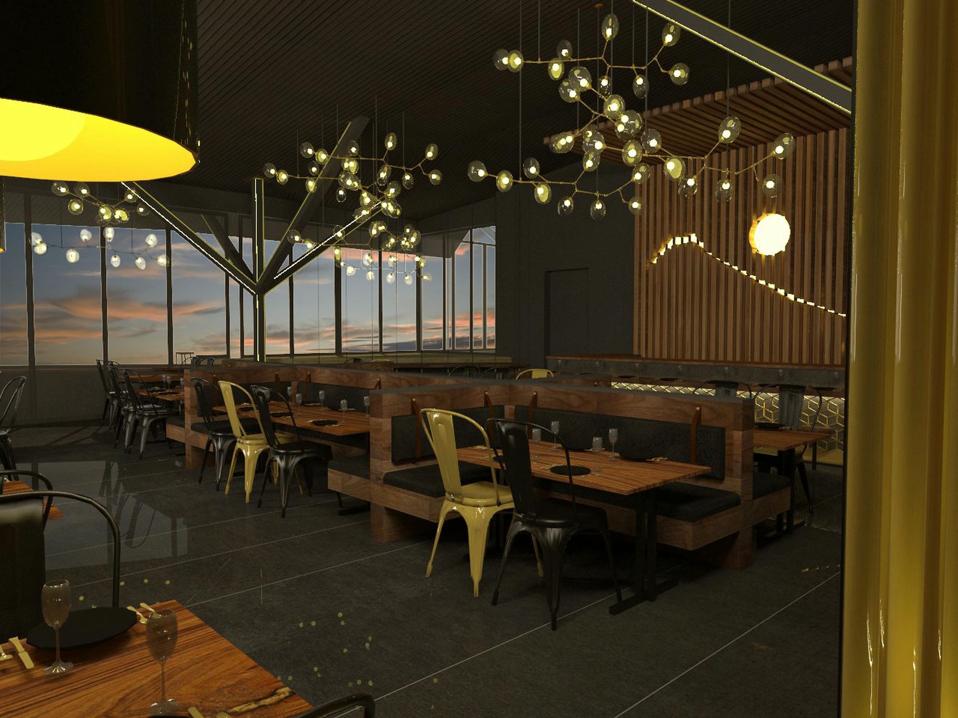 An artist 's impression of a restaurant with tables and chairs.