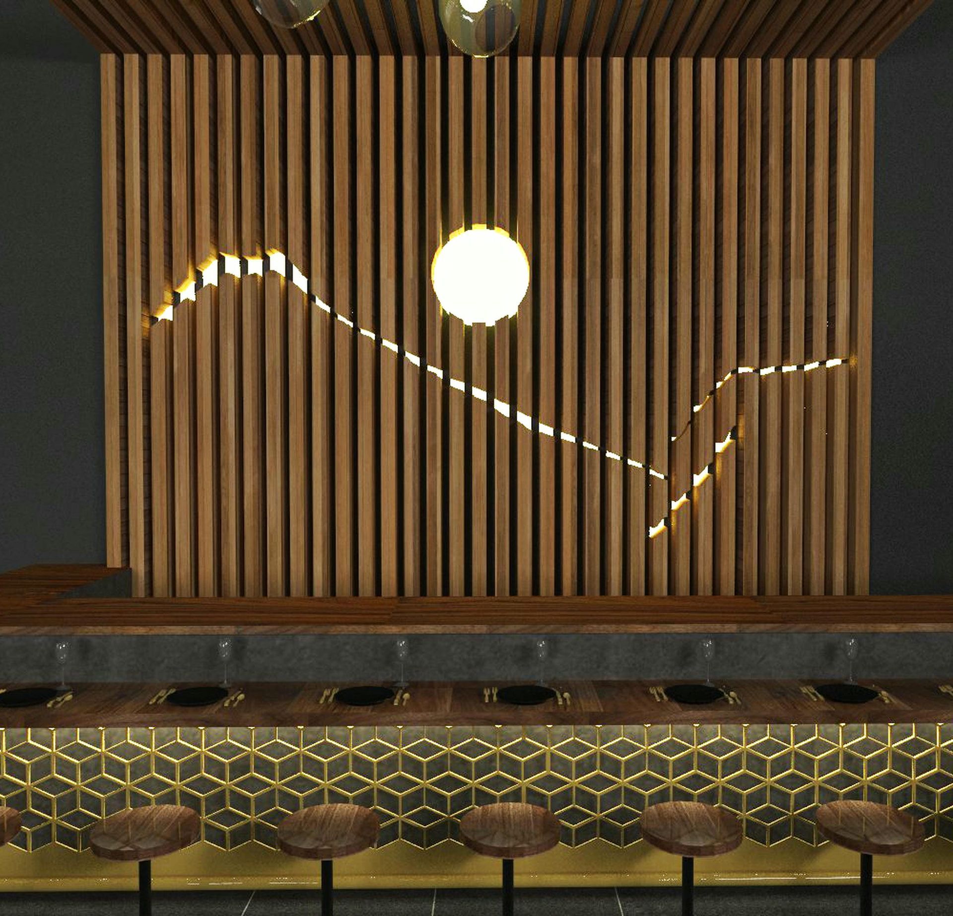 A bar with stools and a wooden wall behind it