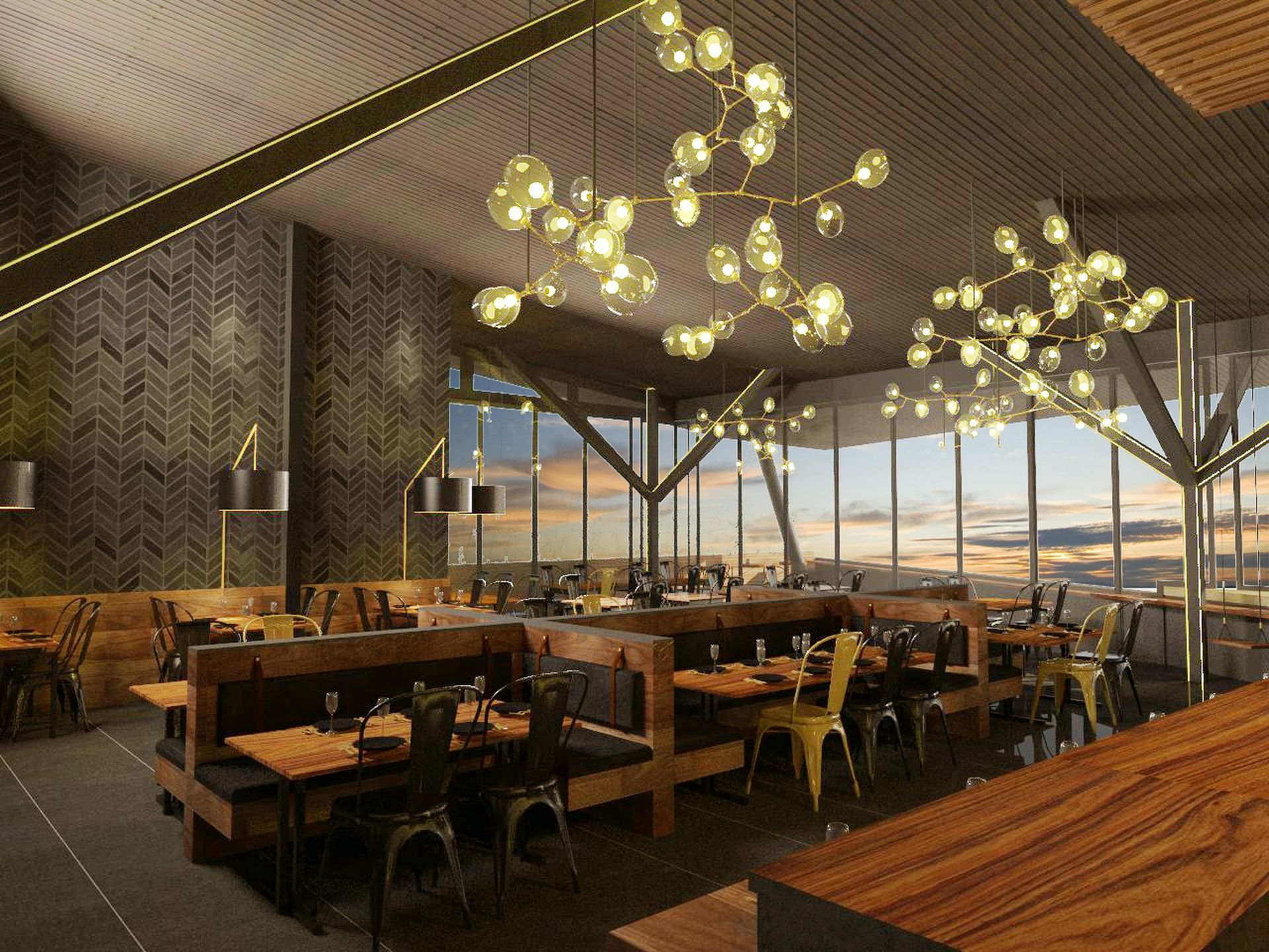 An artist 's impression of a restaurant with tables and chairs