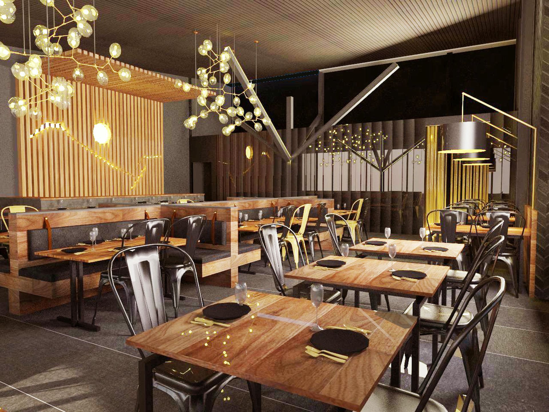 An artist 's impression of a restaurant with wooden tables and chairs.