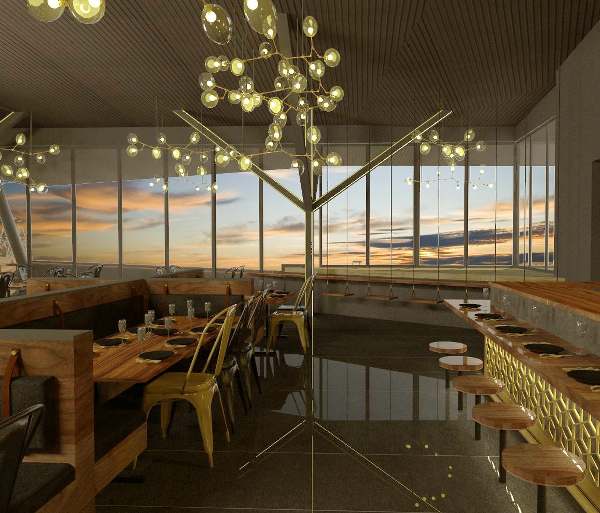 An artist 's impression of a restaurant with tables and chairs