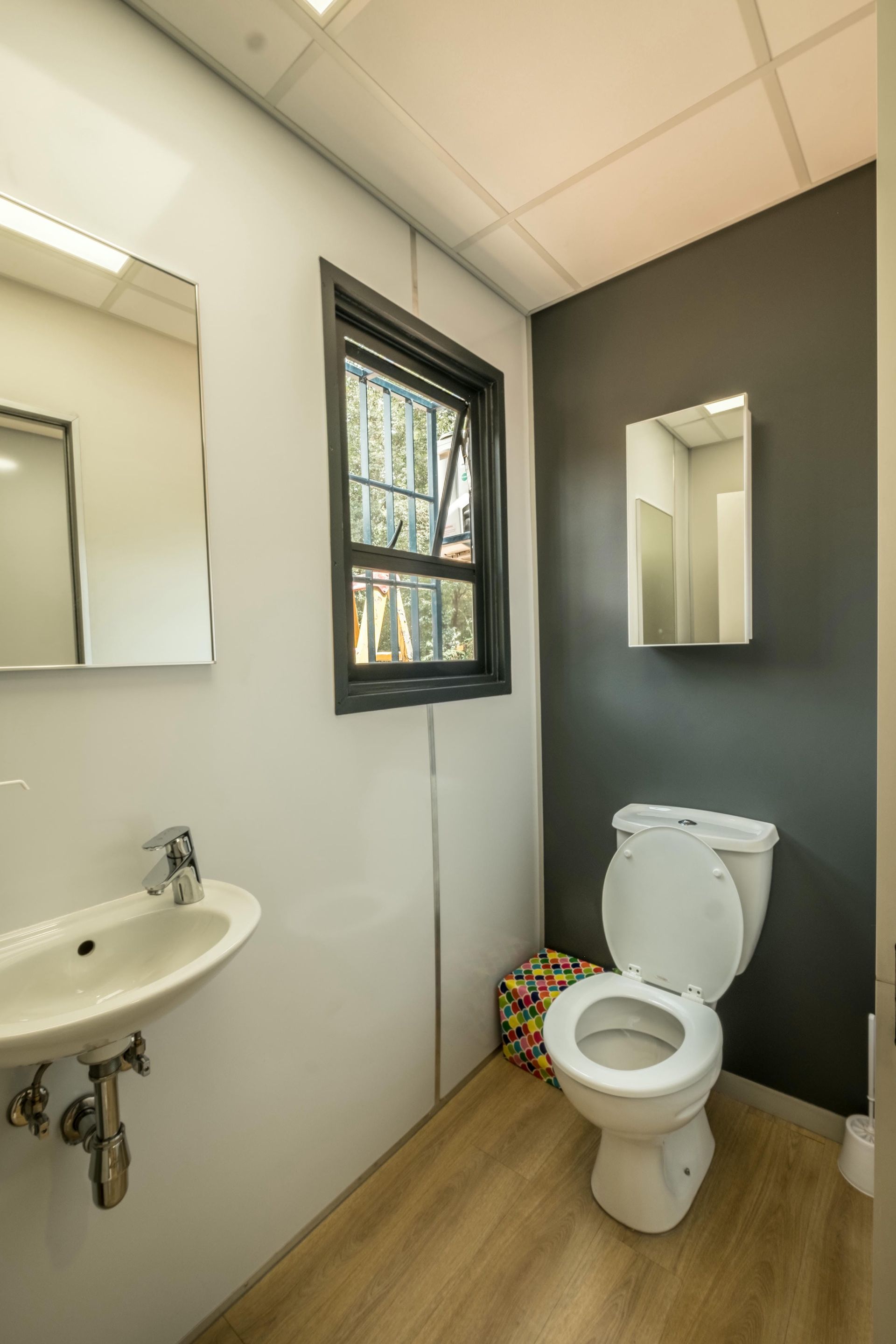 A bathroom with a toilet , sink and mirror.