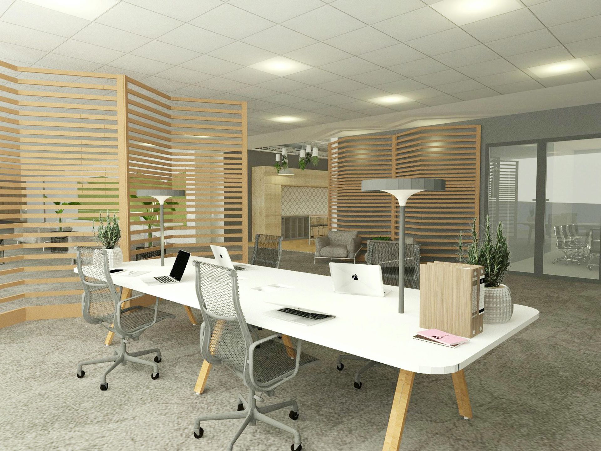 An artist 's impression of an office with a long table and chairs.