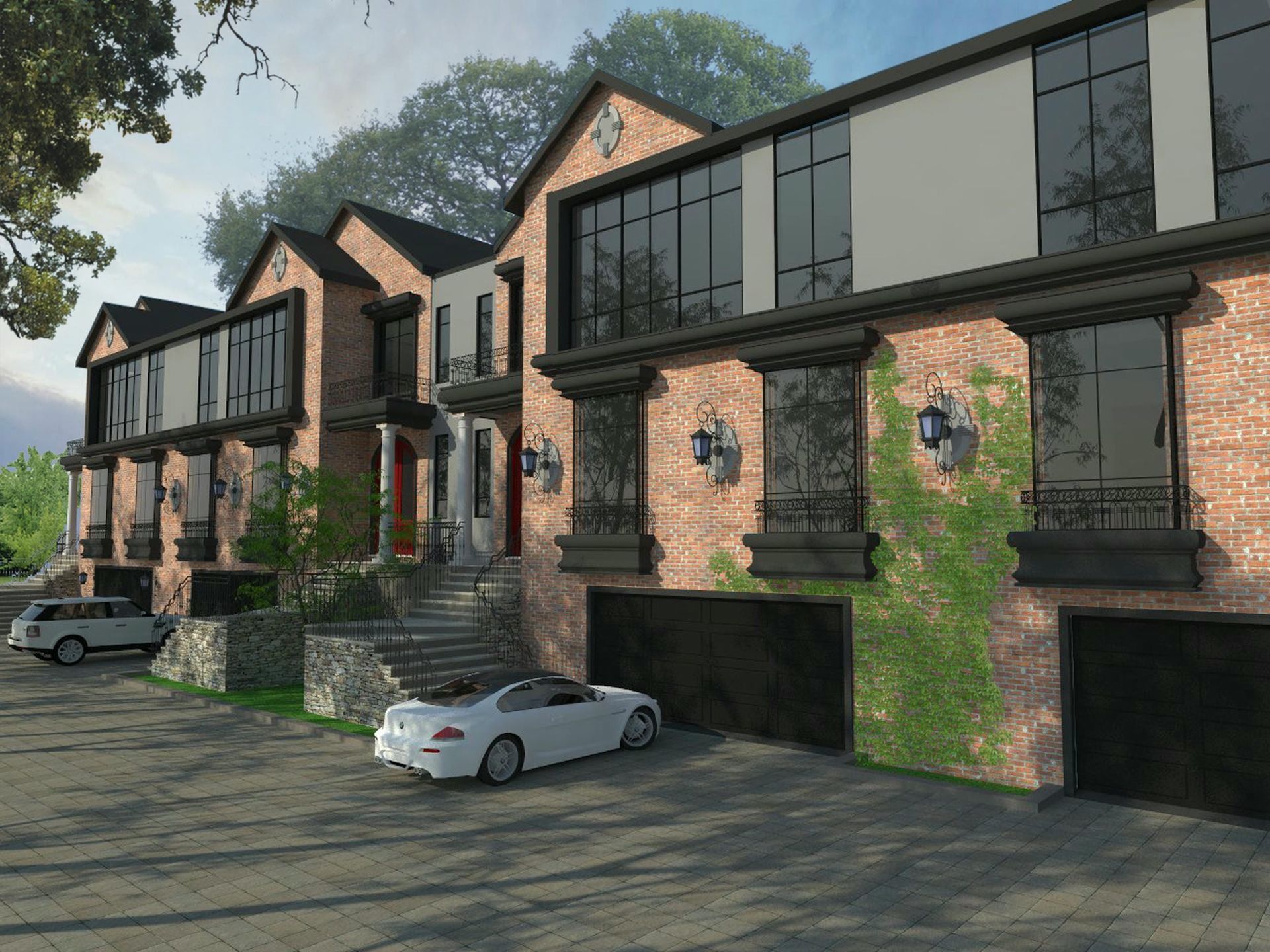 A white car is parked in front of a brick building