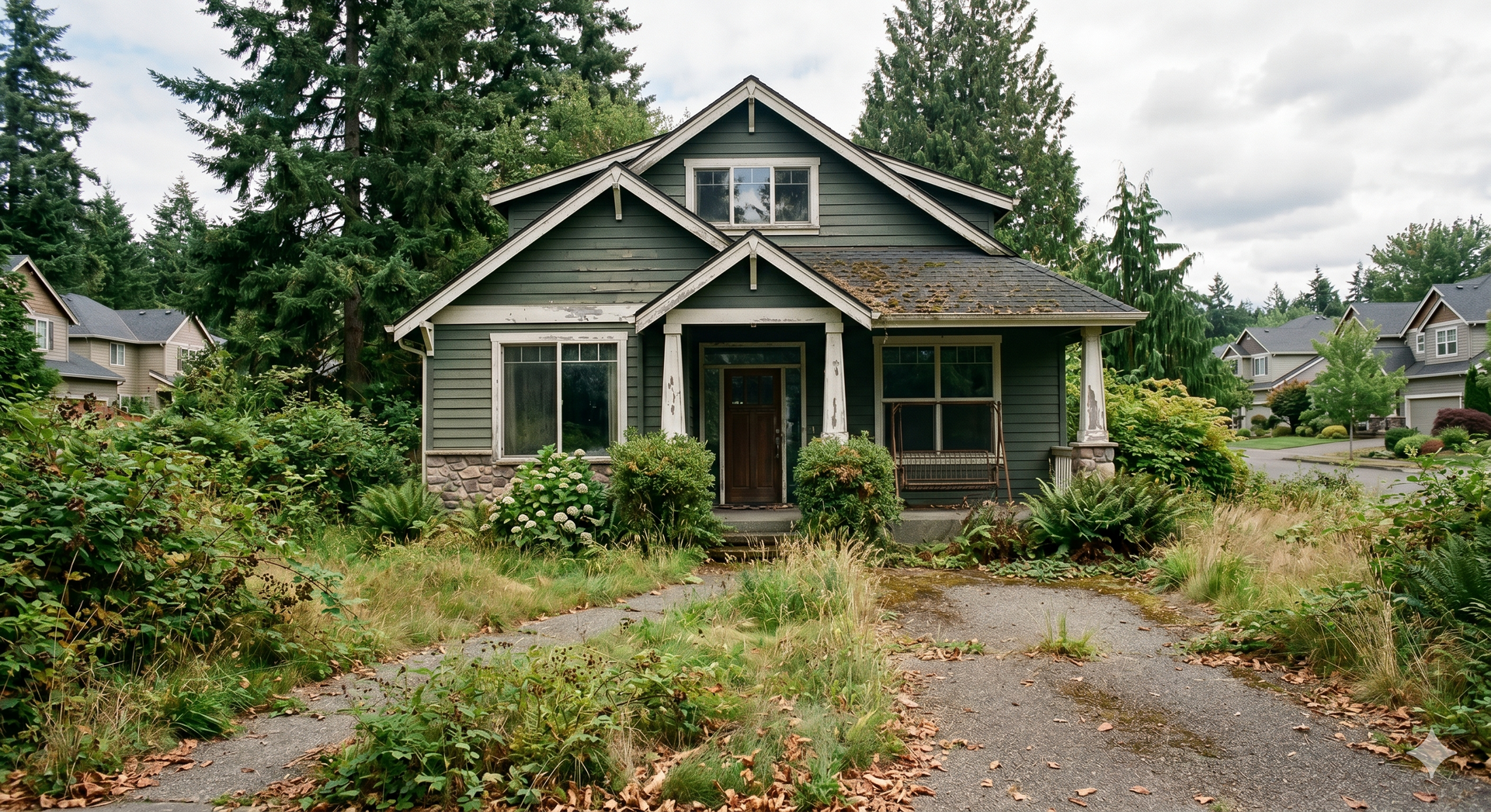 Overgrown green house with a front porch and gravel path, surrounded by trees and wild plants
