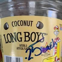 Label for Coconut Long Boys candy with text and illustration of a boy. Price written in blue.