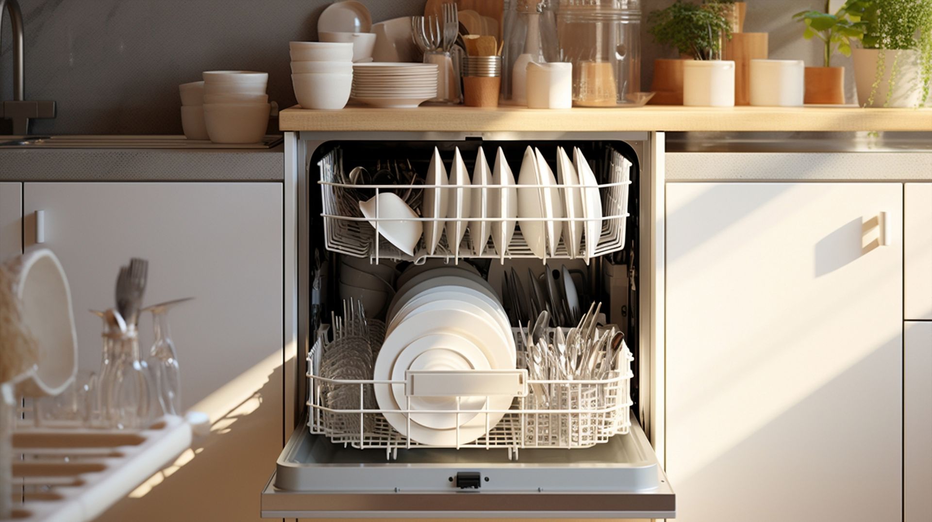 Dishwasher open, filled with clean dishes in a bright kitchen. Dishwasher open, filled with clean dishes in a bright kitchen.