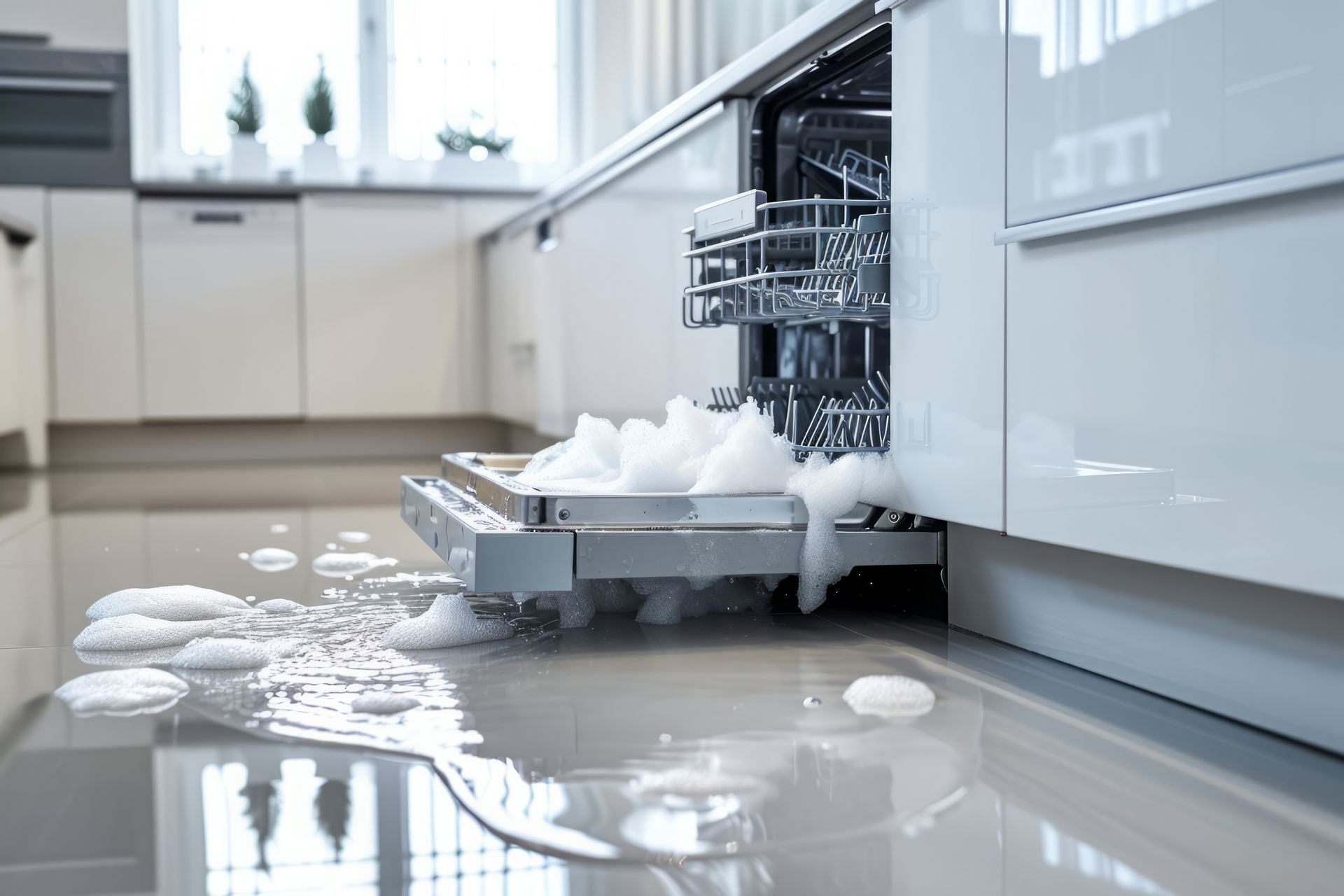 Dishwasher overflowing with white suds, spilling onto a shiny white kitchen floor. Dishwasher overflowing with white suds, spilling onto a shiny white kitchen floor.