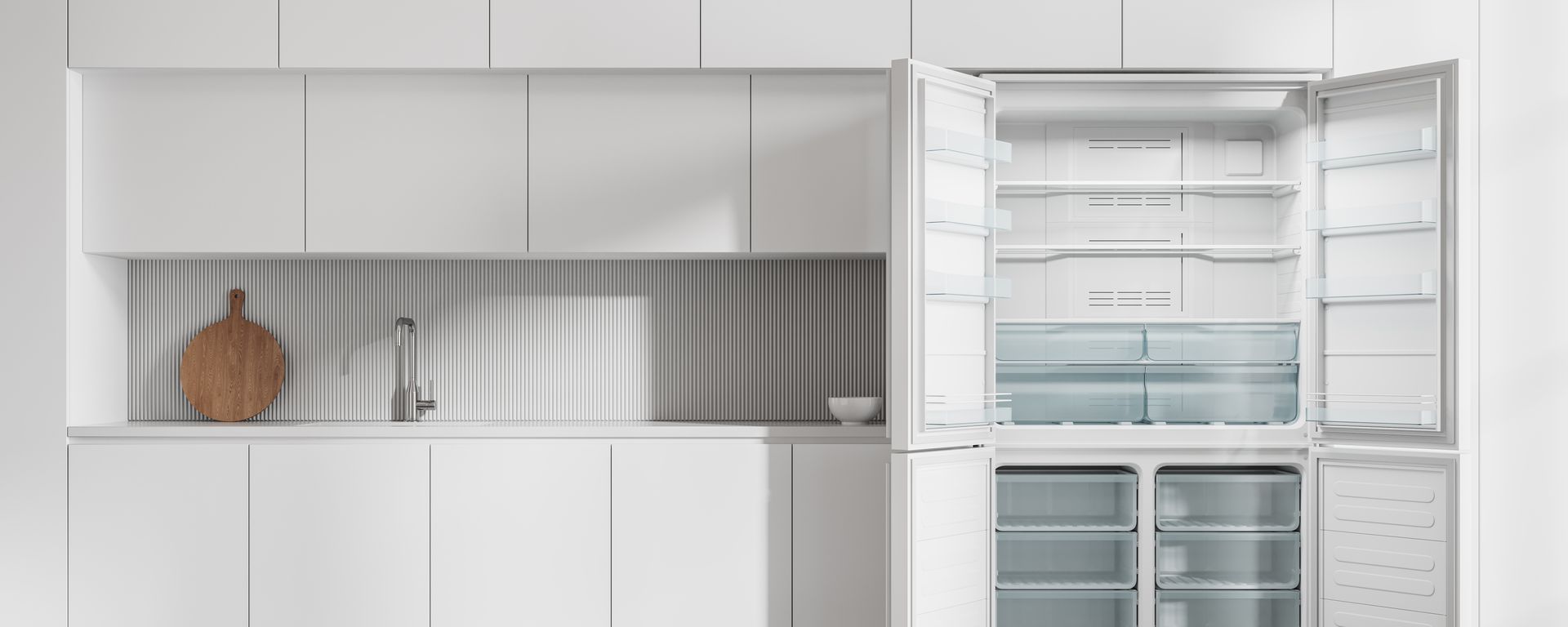 Luxury home kitchen interior with cooking cabinet and empty opened fridge Luxury home kitchen interior with cooking cabinet and empty opened fridge