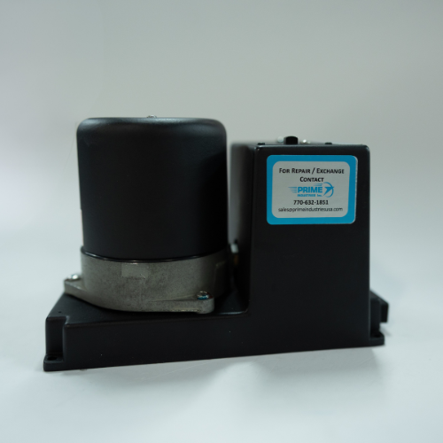 Black electronic component with a silver base and a blue label against a white background.