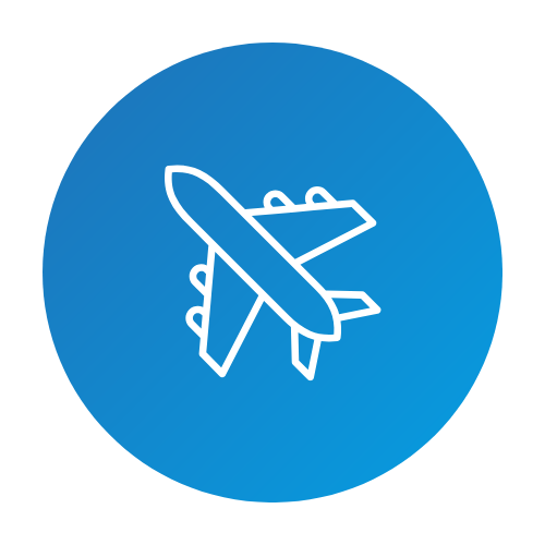 White outline of airplane inside a blue gradient circle.