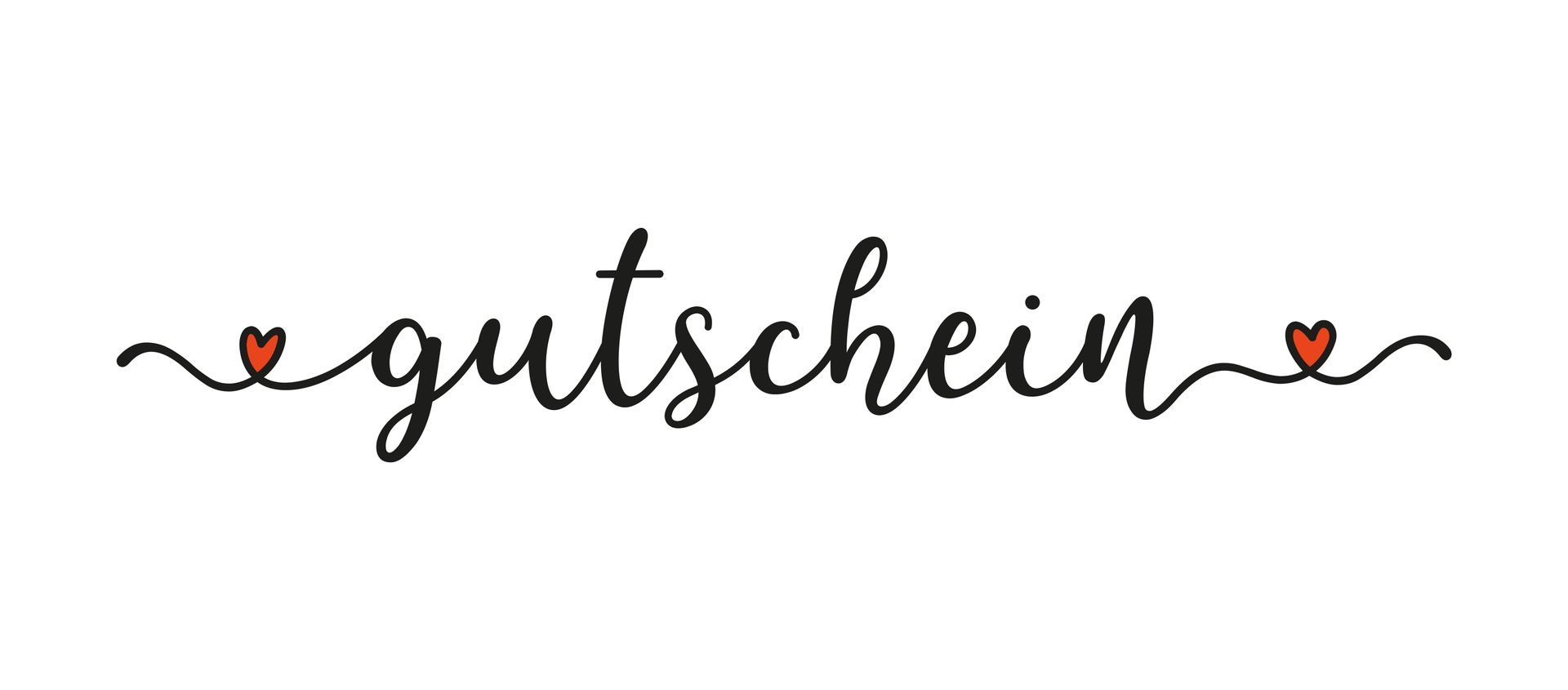 Ein handgeschriebener Schriftzug des Wortes Gutschein mit Herzen auf weißem Hintergrund.