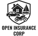 Black and white Open Insurance Corp. logo with a shield containing a house, car, sailboat, and motorcycle.