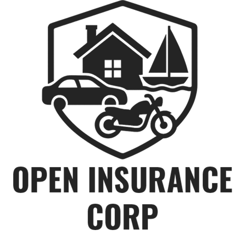 Black and white Open Insurance Corp. logo with a shield containing a house, car, sailboat, and motorcycle.