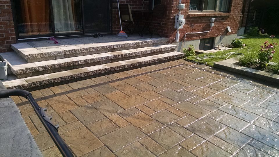 brown and orange unistone walkway and stairs