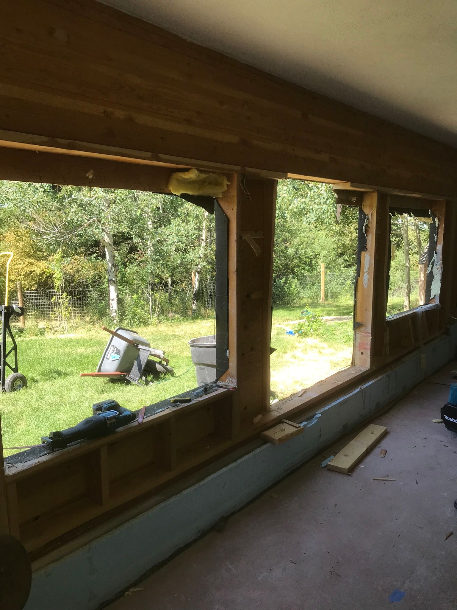 A room with a lot of windows and a view of a yard.