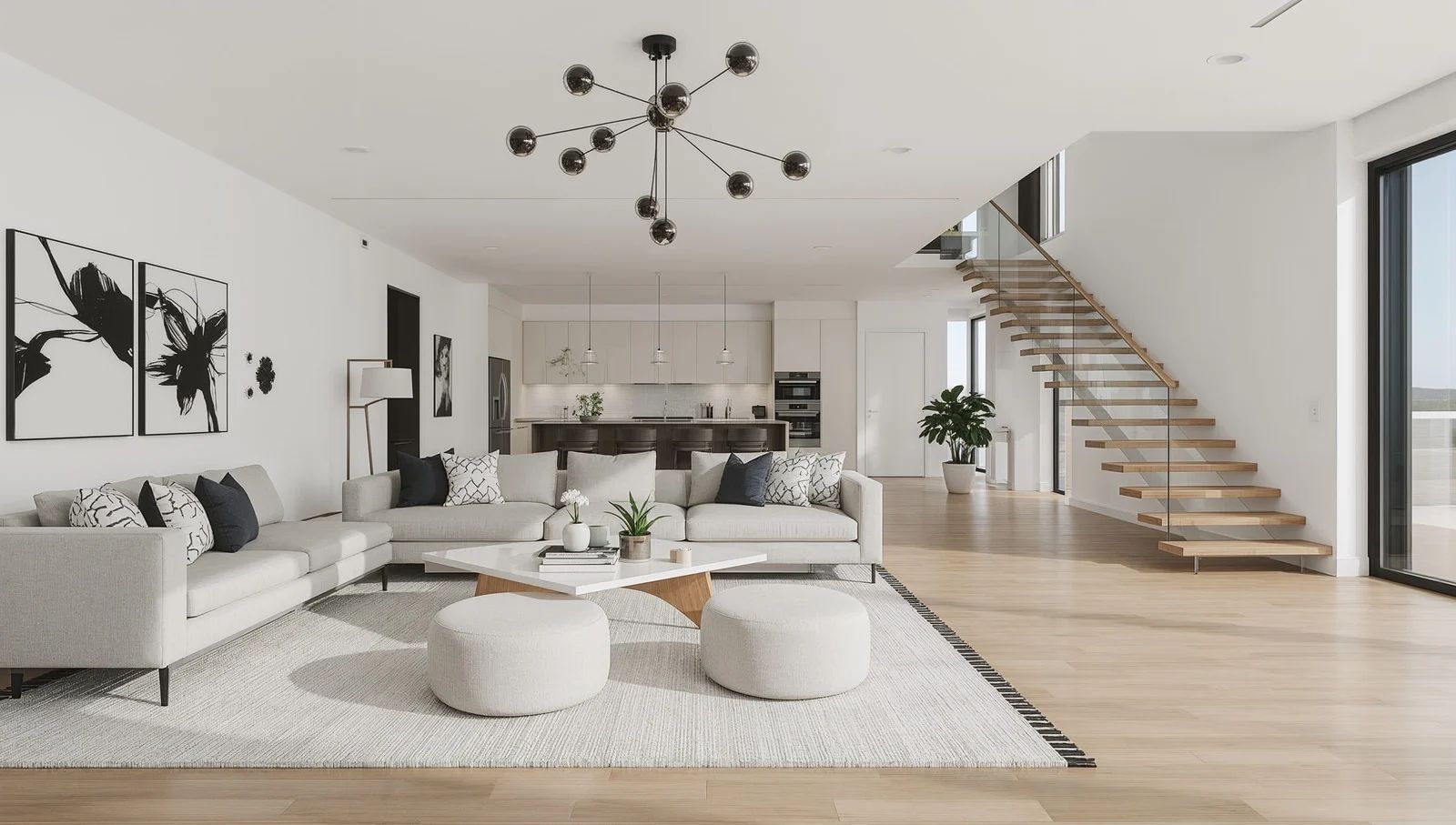 Modern living room with sectional sofa, rug, and staircase leading upstairs.