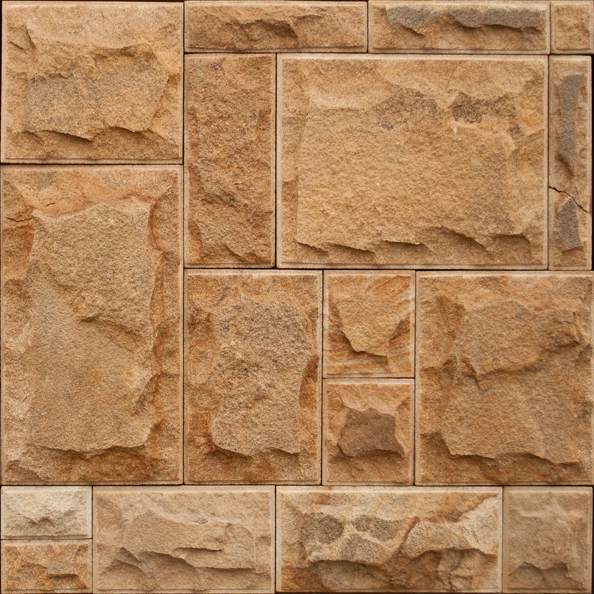 Brown stone tile with various rectangular and square shapes.