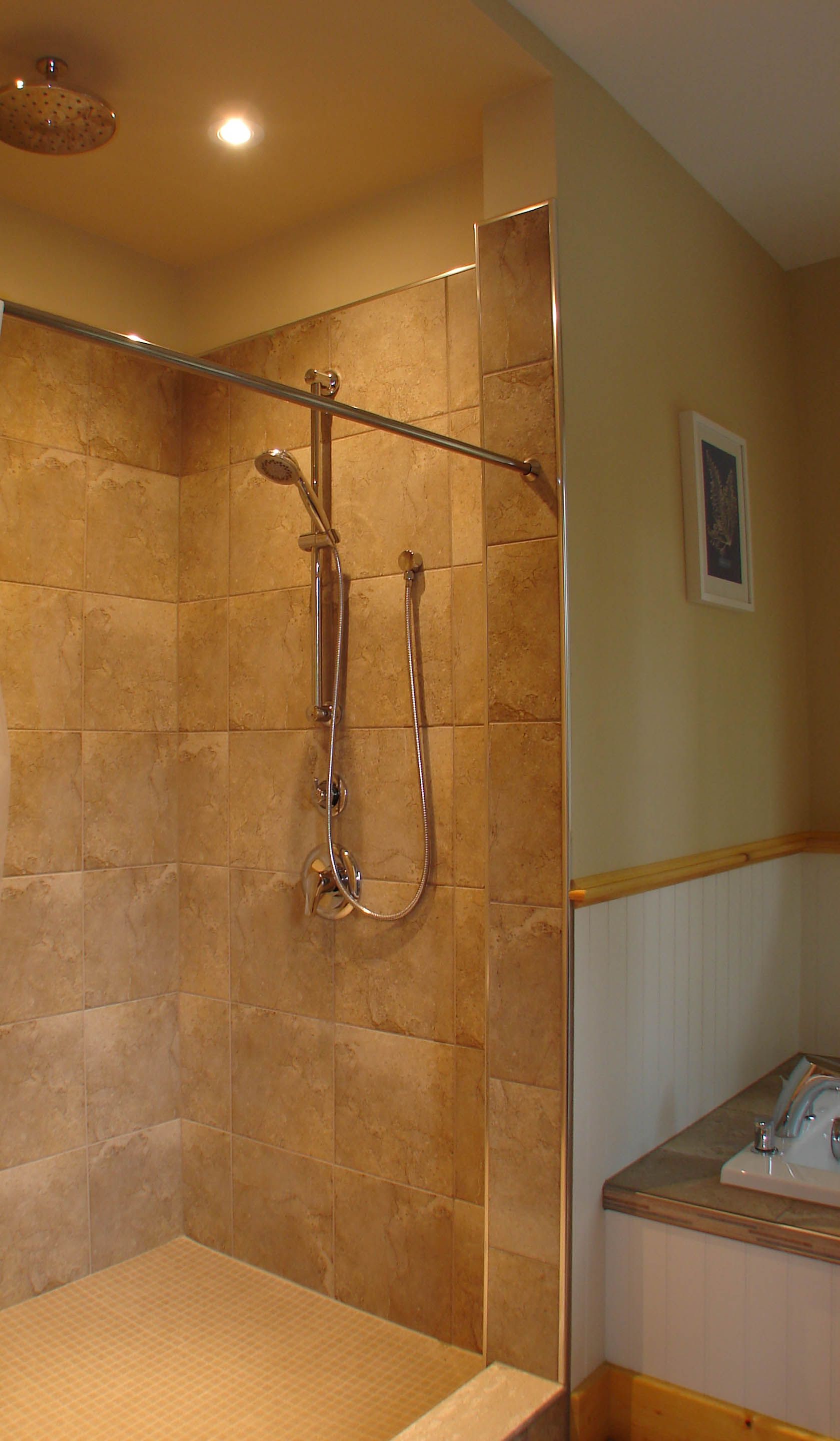 A bathroom with a walk in shower and a bathtub.
