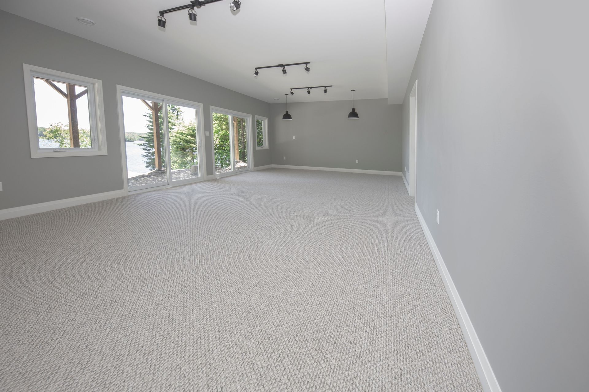 A large empty room with a lot of windows and a carpeted floor.