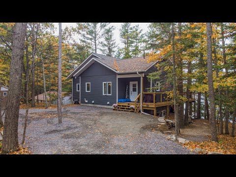 A small black house with a porch in the middle of a forest.