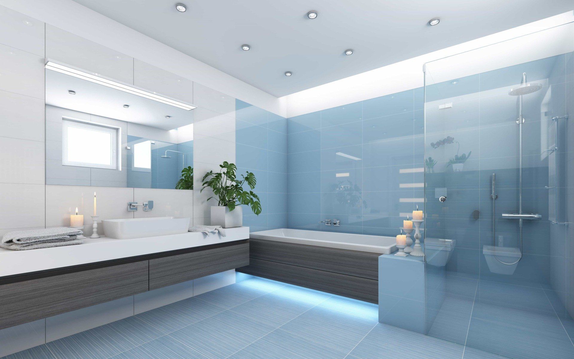 frameless shower door and enclosure with blue lit wall in background