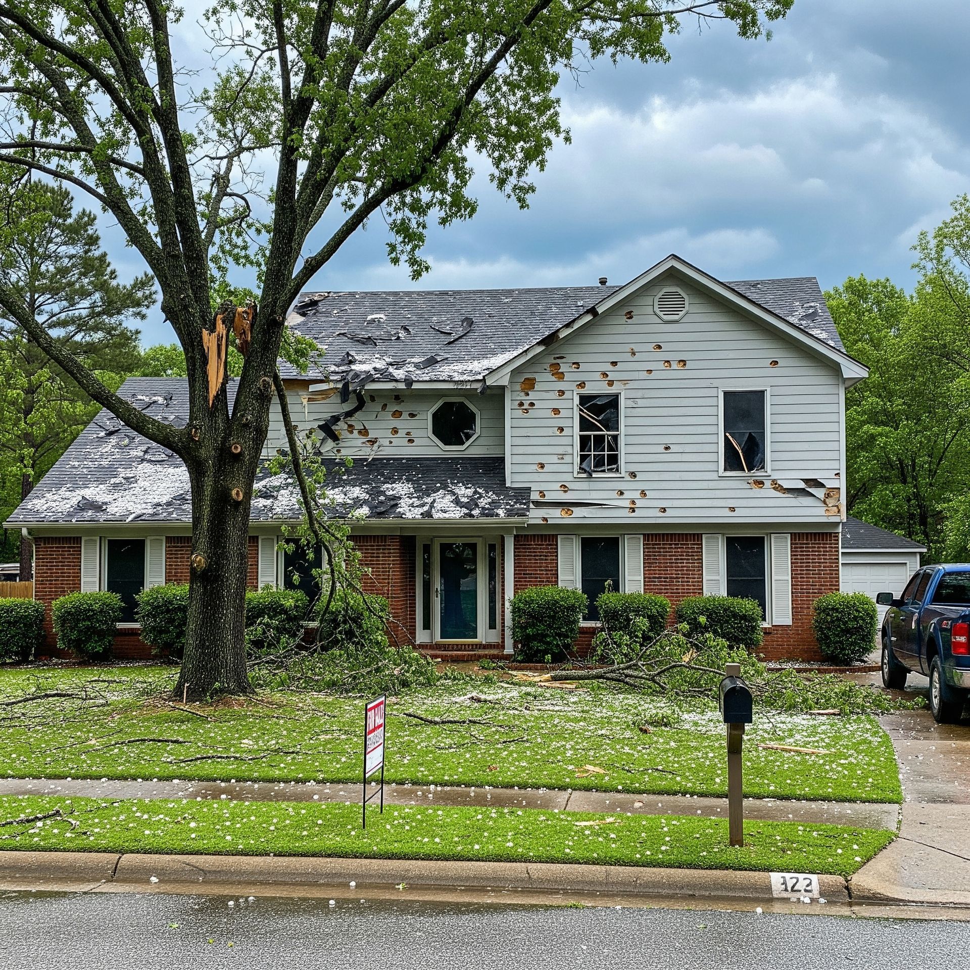 A large brick house that has been damaged by fire.