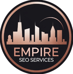 A logo for empire seo services with a city skyline