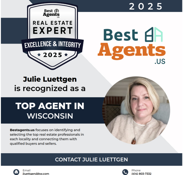 Best Agents 2025 award graphic naming Julie Luettgen as Top Agent in Wisconsin